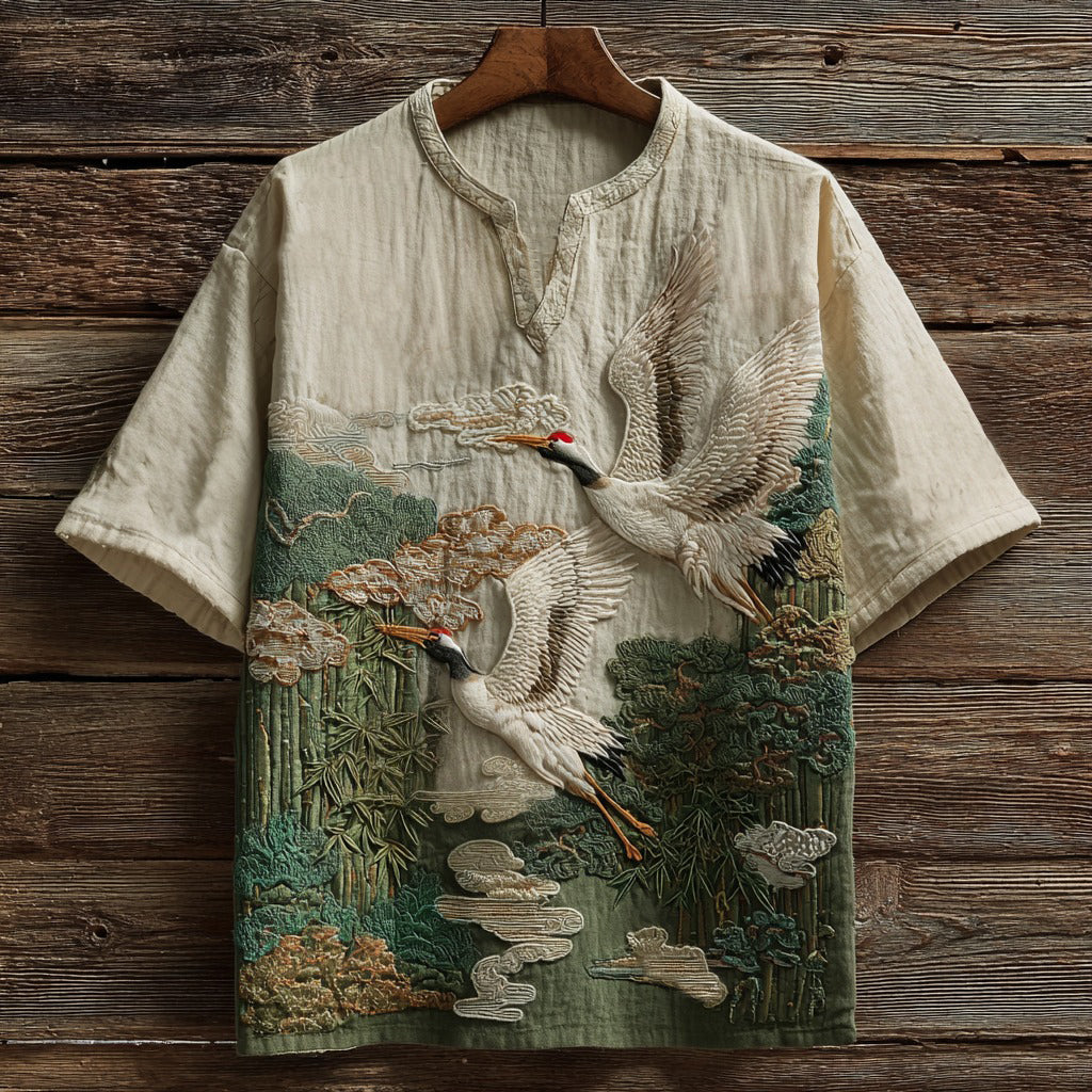 Men’s Embroidered Crane Linen Shirt | Japanese Vintage Art Shirt | Boho Nature Top by Urbantrenz