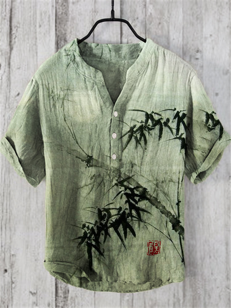 Japanese Bamboo Ink Art Cotton Linen Shirt – Zen Minimalist Summer Wear by Urbantrenz