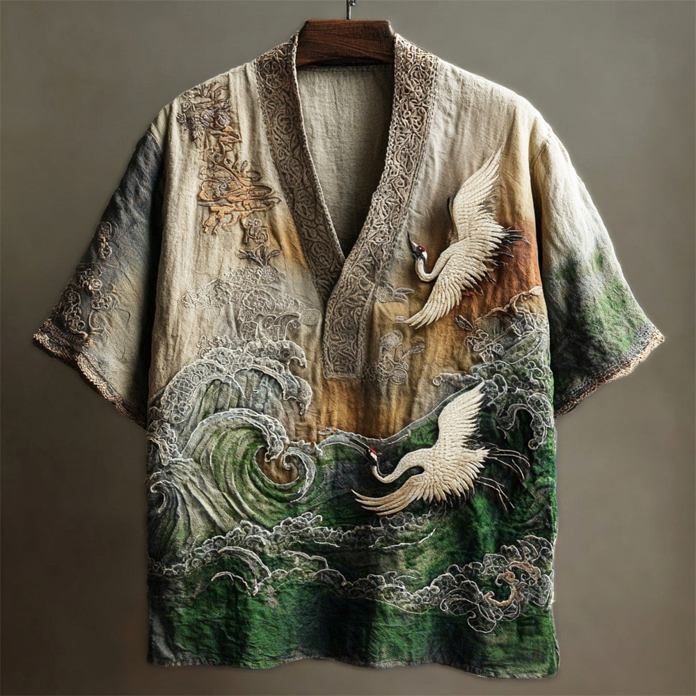 Men’s Japanese Crane & Wave Embroidered Linen Shirt | Vintage Kimono Style Artwear by Urbantrenz