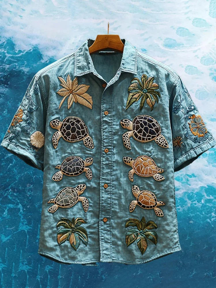 Sea Turtle Paradise Embroidered Hawaiian Shirt – Ocean Palm Beachwear by ShopsyKart
