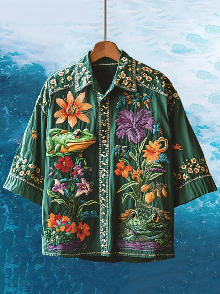 Tropical Floral Frog Embroidered Shirt – Artistic Nature-Inspired Beachwear by ShopsyKart