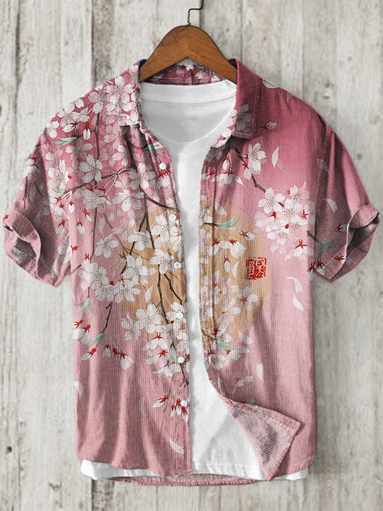 Men’s Pink Sakura Floral Cotton Linen Shirt | Japanese Cherry Blossom Casual Shirt by Urbantrenz