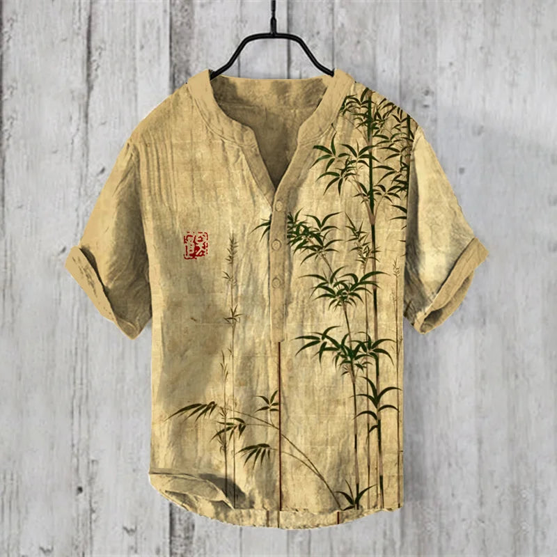Men’s Green Bamboo Print Cotton Linen Shirt | Nature-Inspired Casual Wear by Urbantrenz