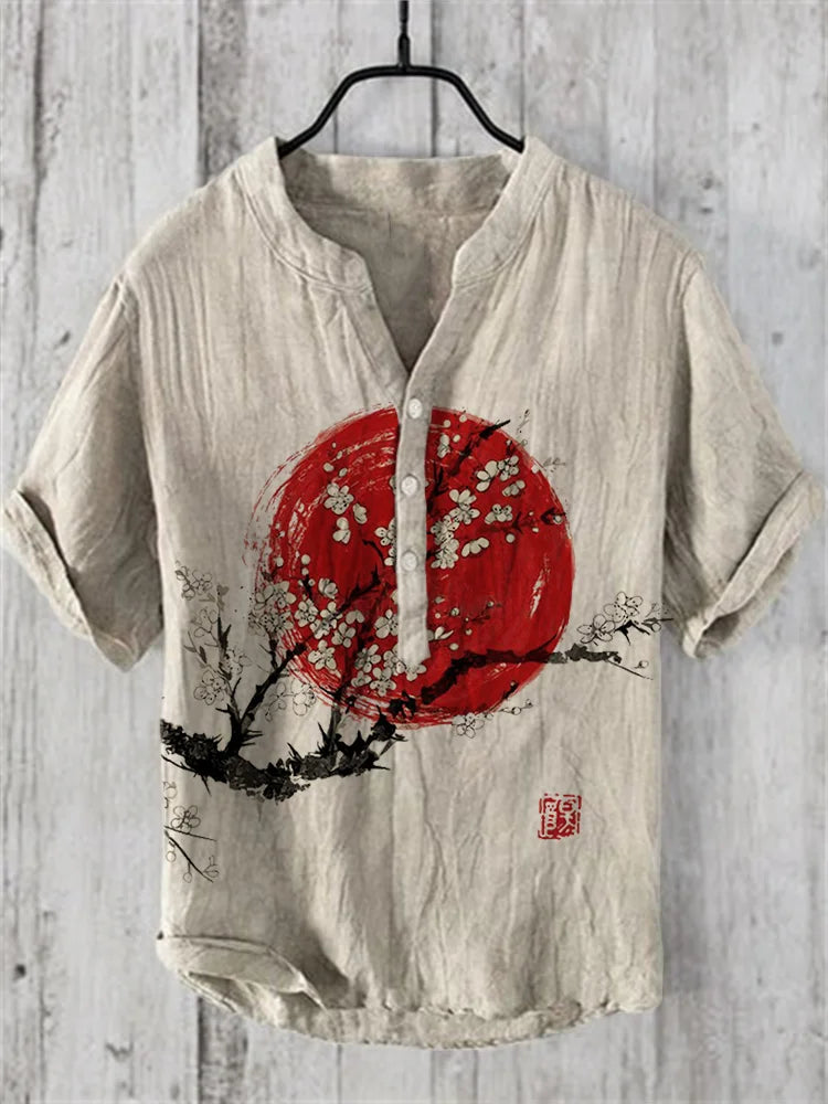 Men’s Japanese Red Sun & Cherry Blossom Linen Shirt | Vintage Artistic Kimono Top by Urbantrenz