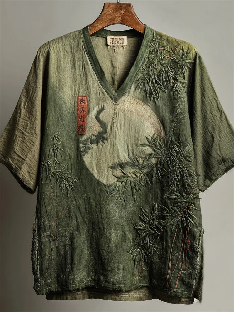 Men’s Moonlight Bamboo Embroidered Linen Kimono Shirt | Japanese Artistic Green Top by Urbantrenz
