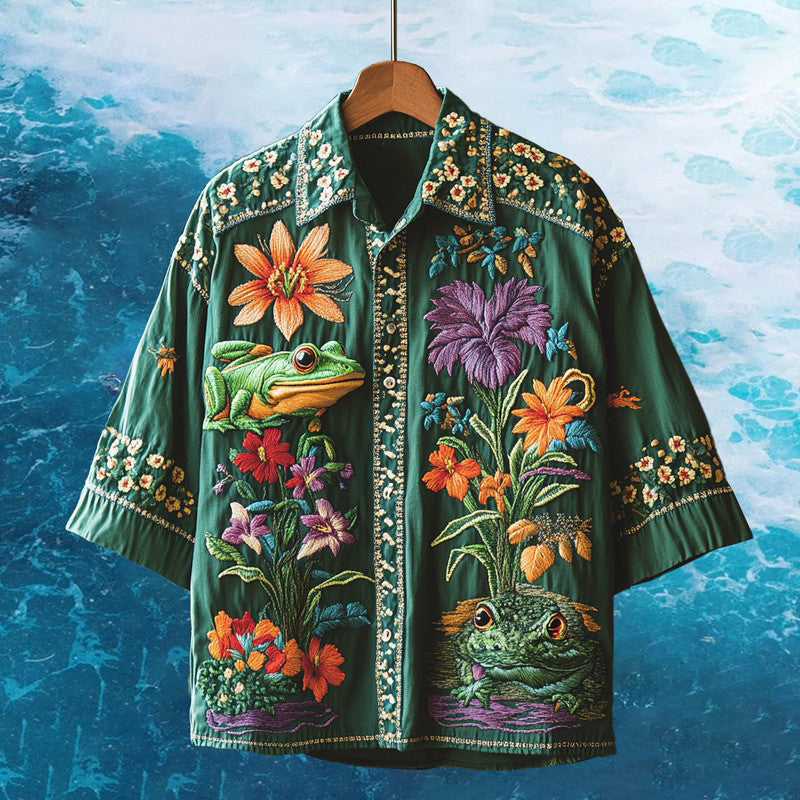 Tropical Floral Frog Embroidered Shirt – Artistic Nature-Inspired Beachwear by ShopsyKart