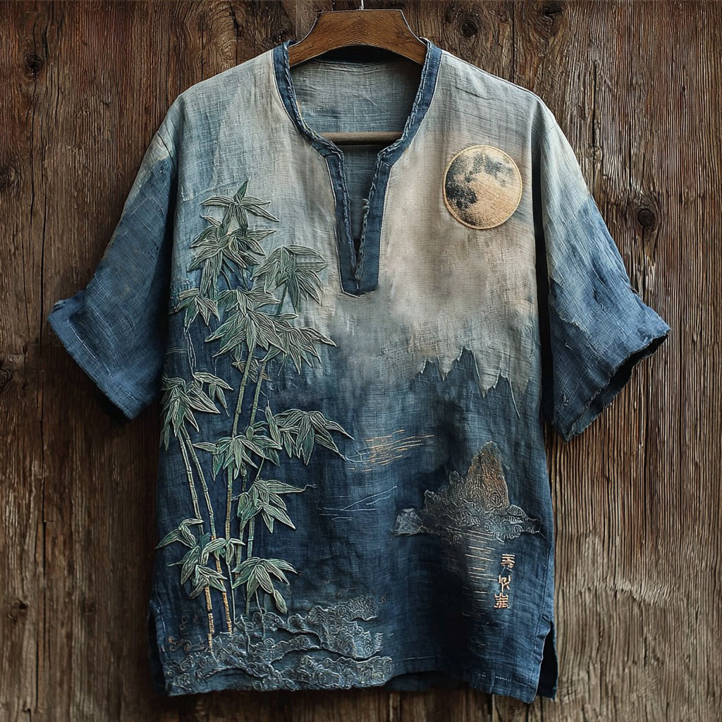 Men’s Lunar Bamboo Embroidered Linen Shirt | Vintage Japanese Style Blue Top by Urbantrenz