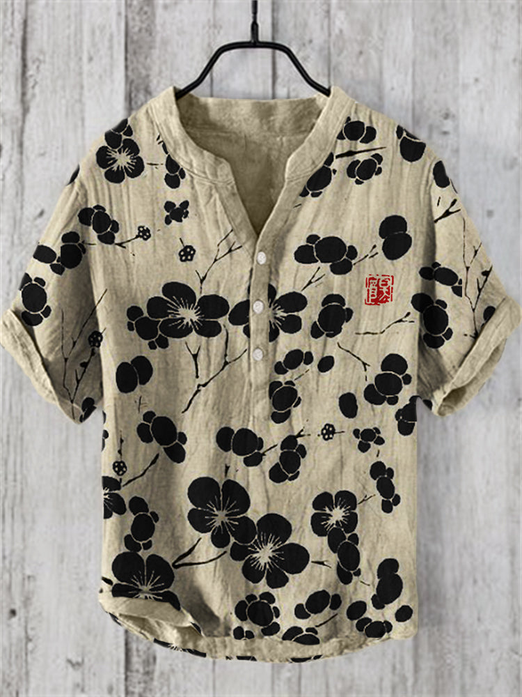 Japanese Red Blossom Cotton Linen Shirt – Artistic Floral Casual Wear by Urbantrenz