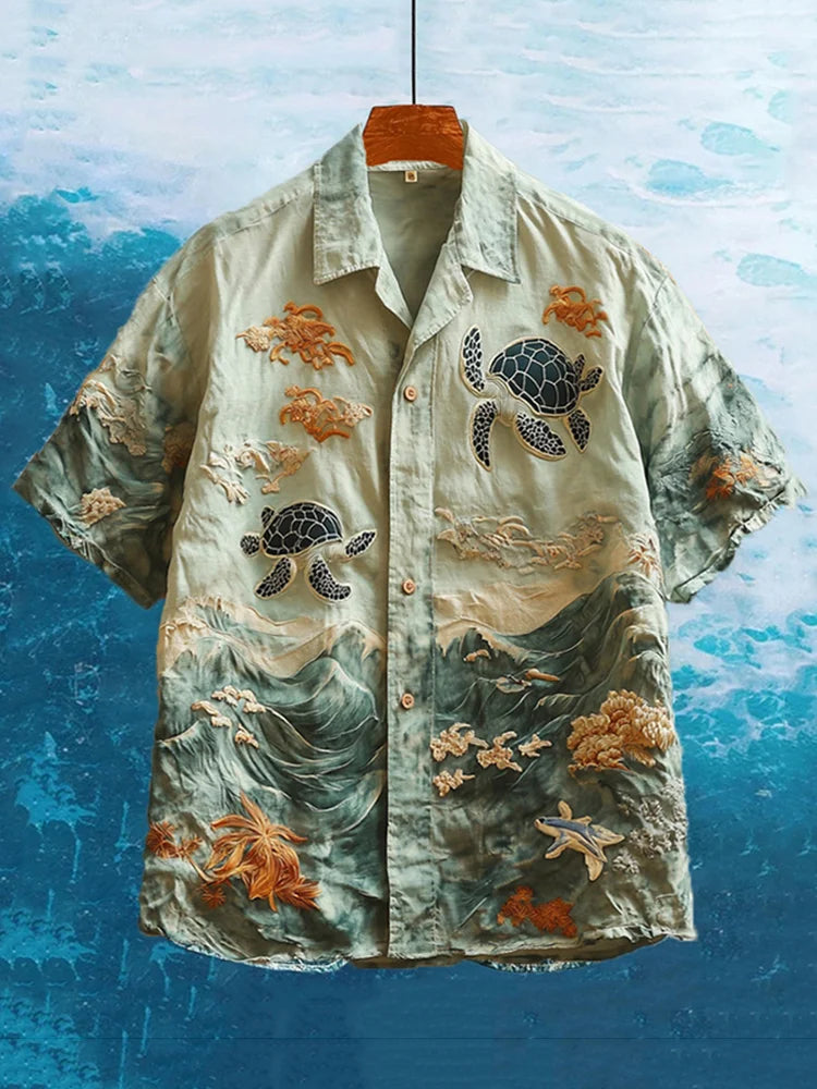Ocean Waves & Sea Turtle Embroidered Shirt – Coastal Beachwear by Urbantrenz