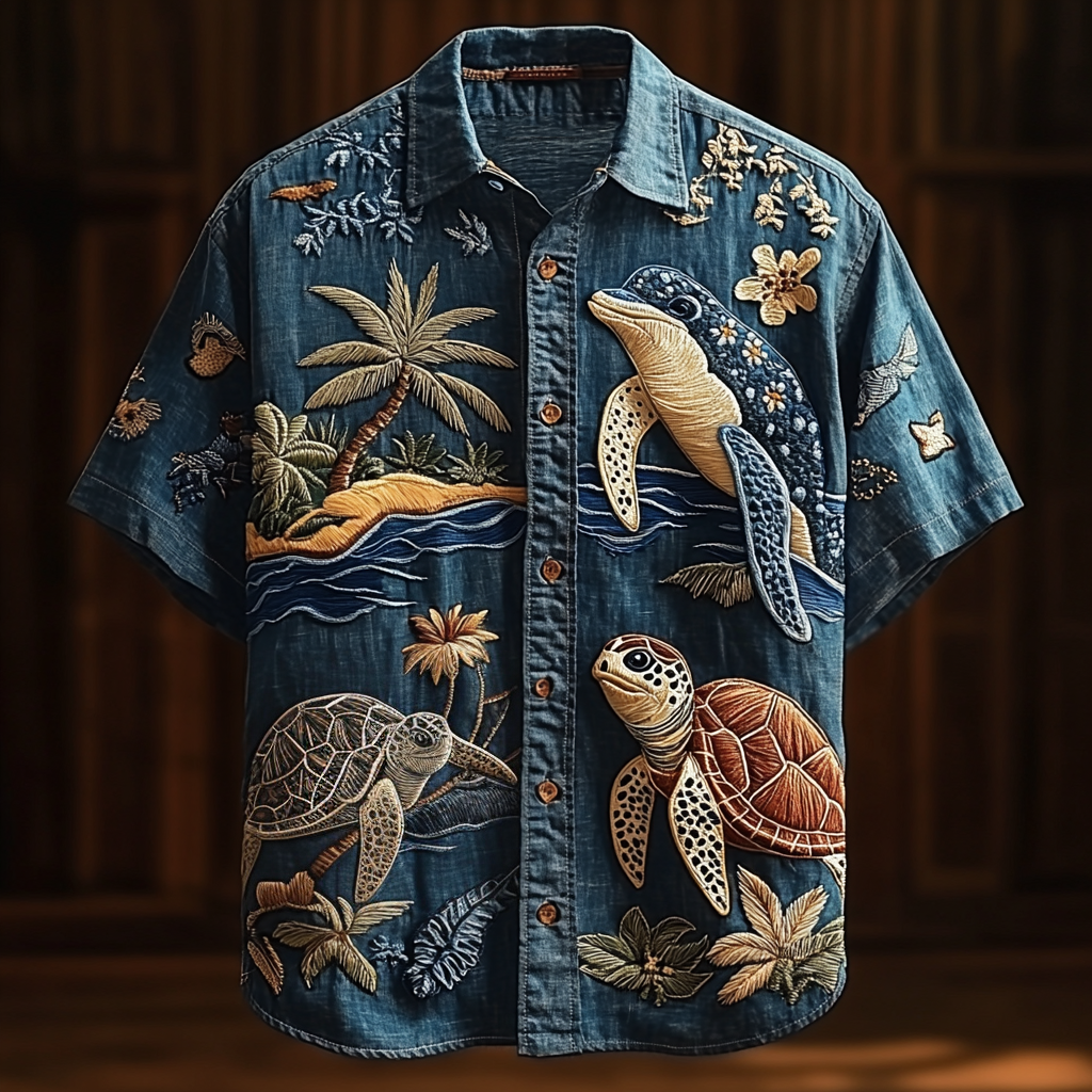 Handcrafted Ocean Turtle Embroidered Shirt – Tropical Beach Casual Wear | Urbantrenz