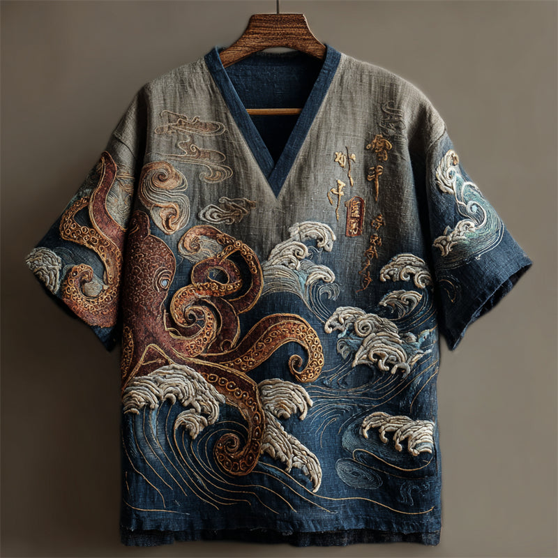 Men’s Octopus & Waves Embroidered Linen Shirt | Japanese Ocean-Inspired Boho Kimono Top by Urbantrenz