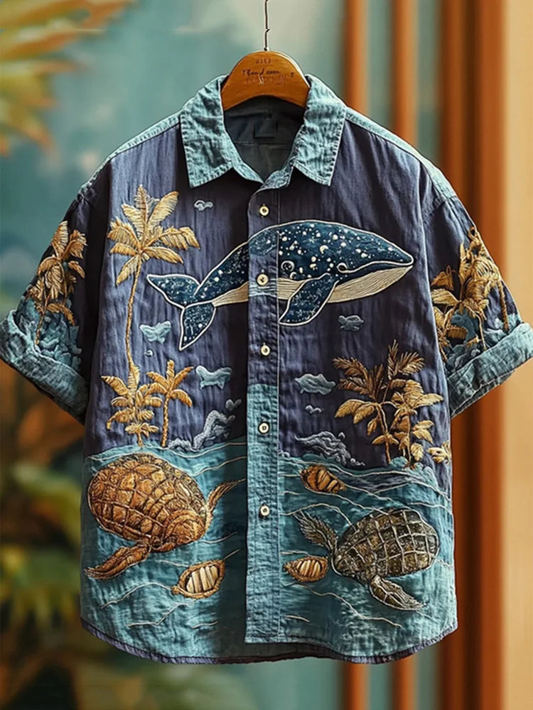 Ocean Life Paradise Shirt – Whale & Turtle Embroidered Hawaiian Beach Shirt by ShopsyKart