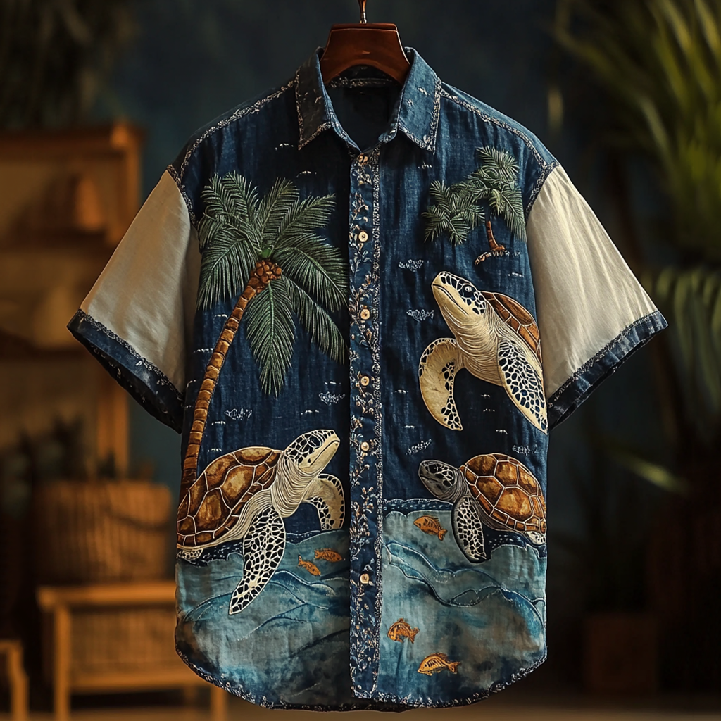 Handcrafted Tropical Sea Turtle Embroidered Cotton Shirt – Island Beachwear by Urbantrenz