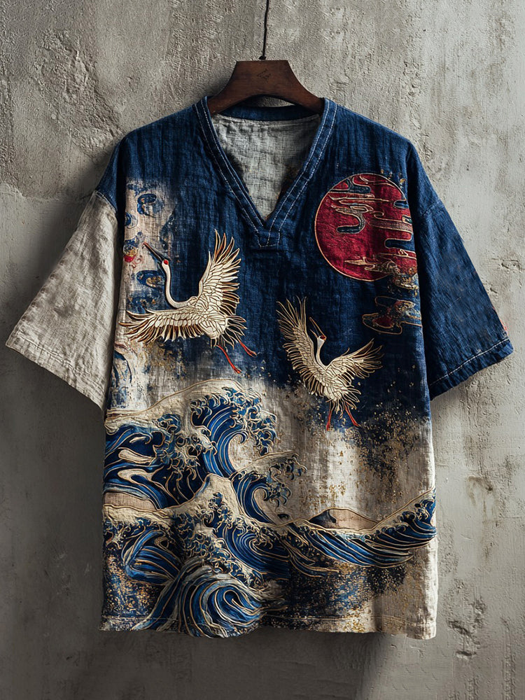 Men’s Japanese Crane & Ocean Wave Embroidered Linen Shirt | Artistic Kimono Style Top by Urbantrenz