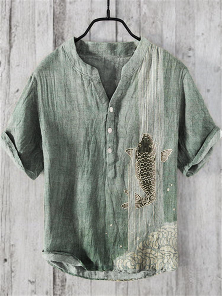 Men’s Koi Fish Print Cotton Linen Shirt | Japanese Art Summer Shirt by Urbantrenz