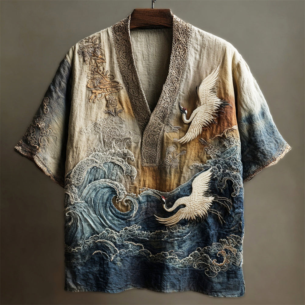 Men’s Japanese Crane & Wave Embroidered Linen Shirt | Vintage Kimono Style Artwear by Urbantrenz