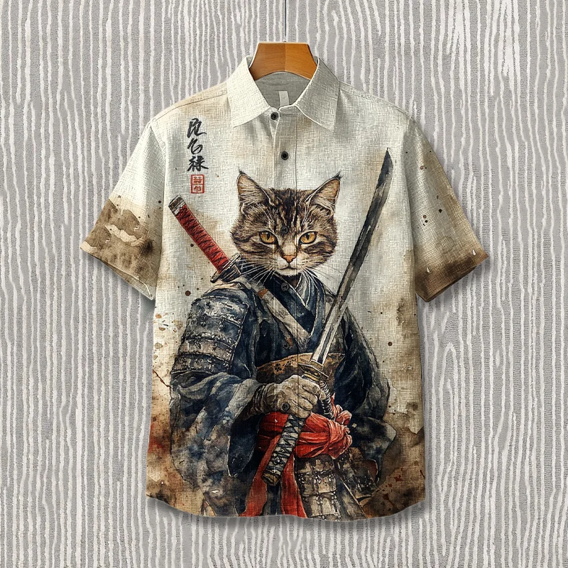 Samurai Cat Printed Linen Shirt – Vintage Japanese Artwear | Urbantrenz