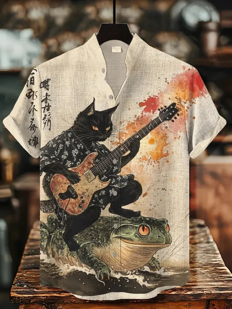 Men’s Samurai Cat Graphic Shirt | Artistic Linen Blend Short Sleeve Shirt by Urbantrenz
