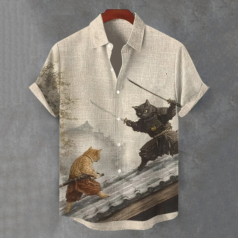 Samurai Cat Duel Shirt | Japanese Art Linen Shirt by Urbantrenz