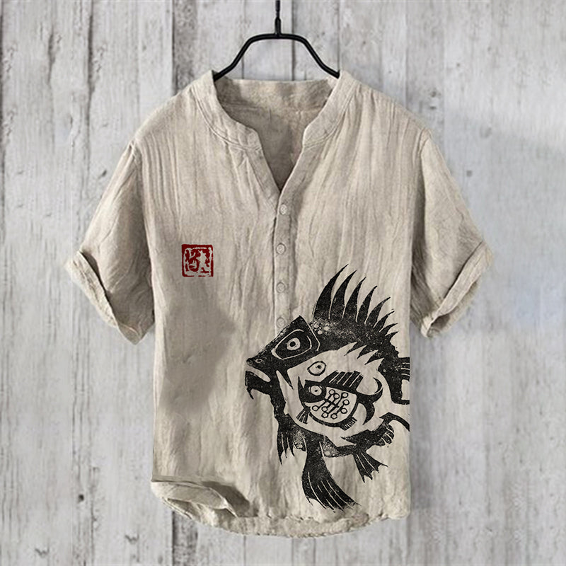 Men’s Artistic Fish Print Linen Shirt | Beige Vintage Casual Shirt by Urbantrenz