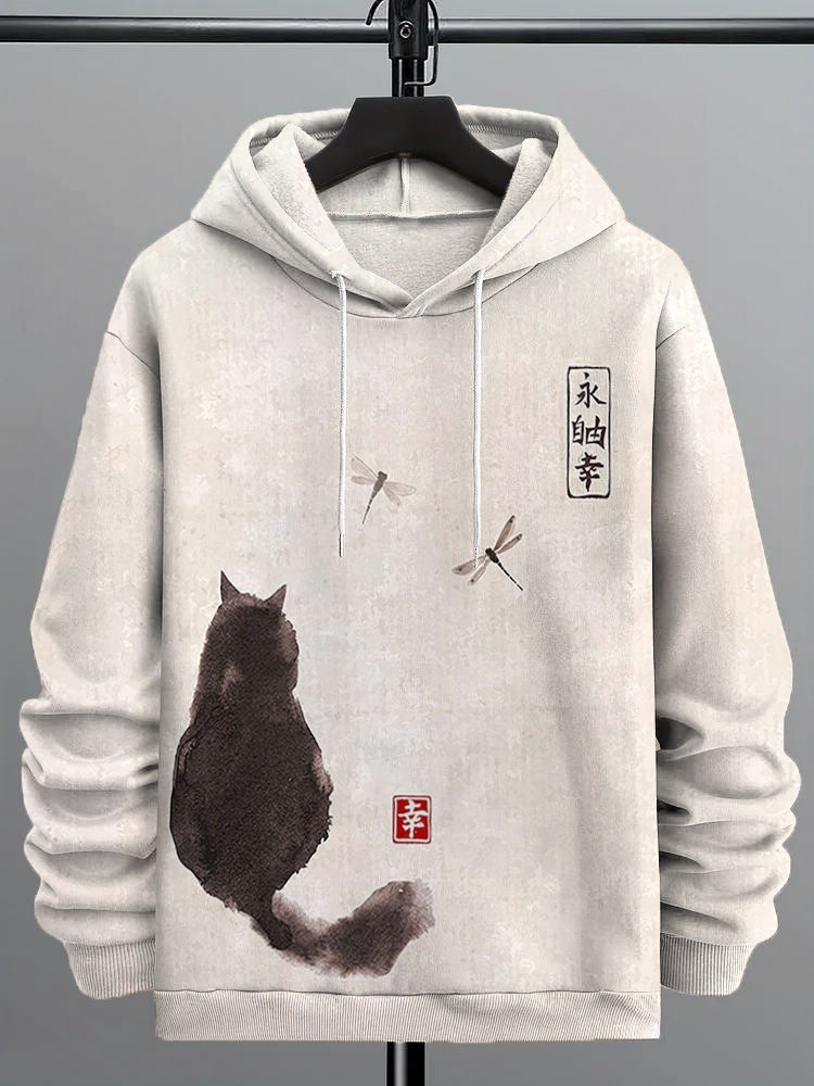 Zen Cat & Dragonfly Hoodie | Japanese Minimalist Ink Art – Urbantrenz