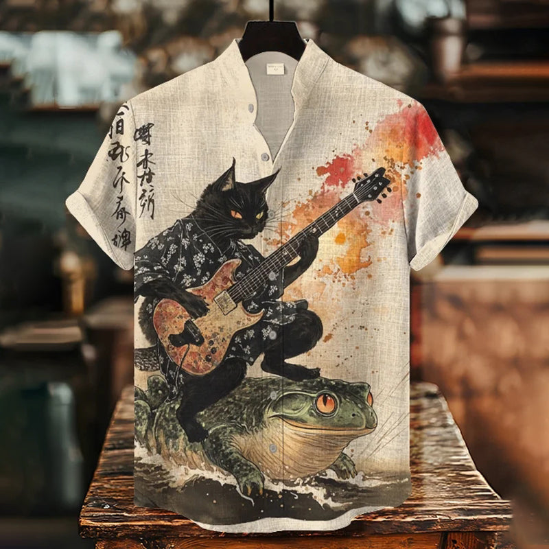 Men’s Samurai Cat Graphic Shirt | Artistic Linen Blend Short Sleeve Shirt by Urbantrenz