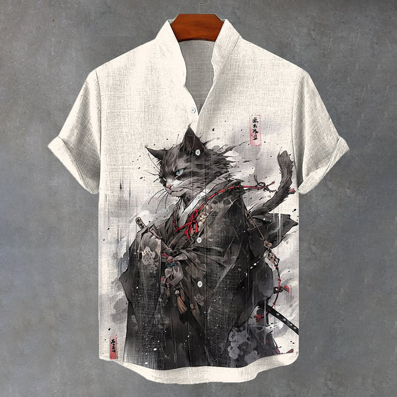 Samurai Cat Warrior Shirt | Japanese Ink Art Linen Shirt by Urbantrenz