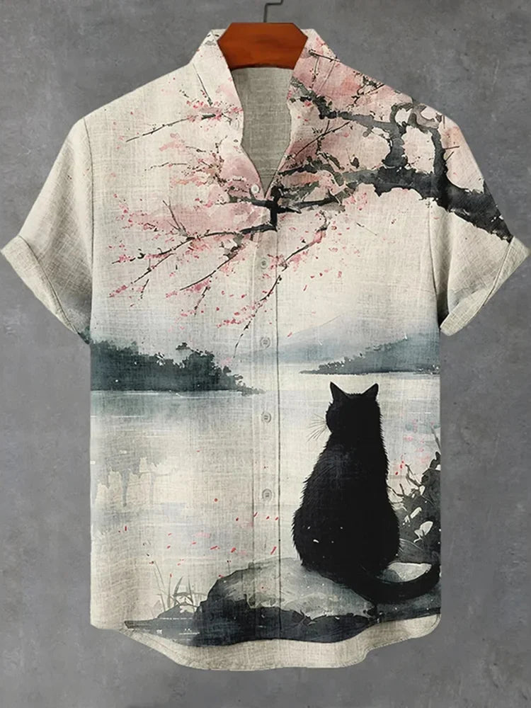 Cherry Blossom Cat Art Shirt | Japanese Ink Style Linen Shirt – Urbantrenz