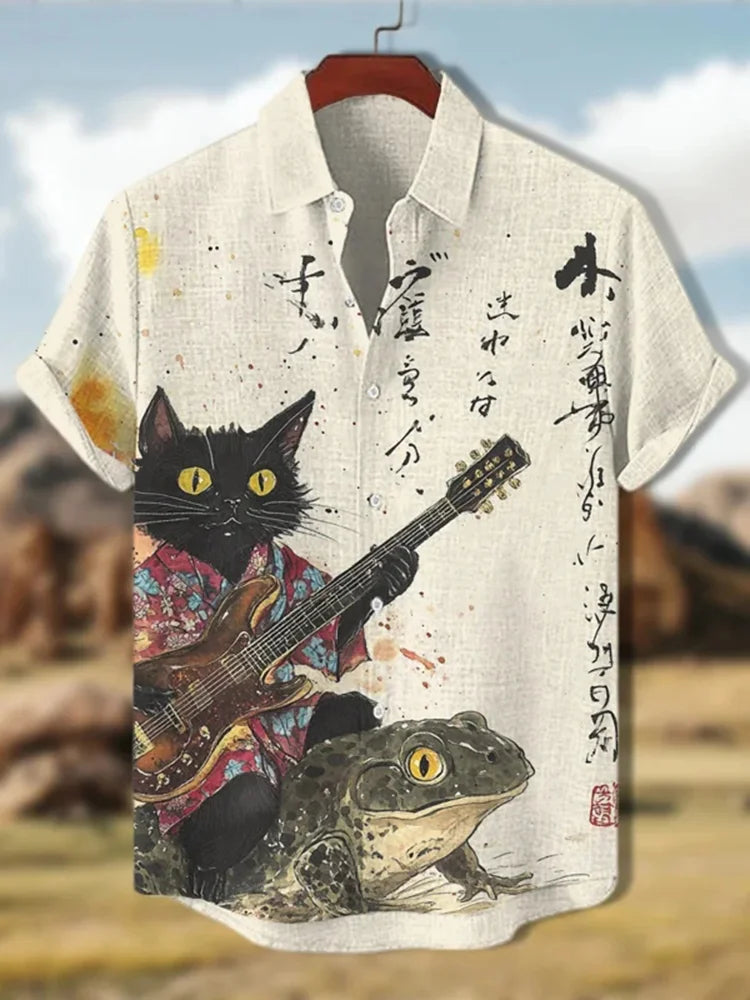 Musician Cat & Frog Linen Shirt | Artistic Japanese Print Shirt by Urbantrenz