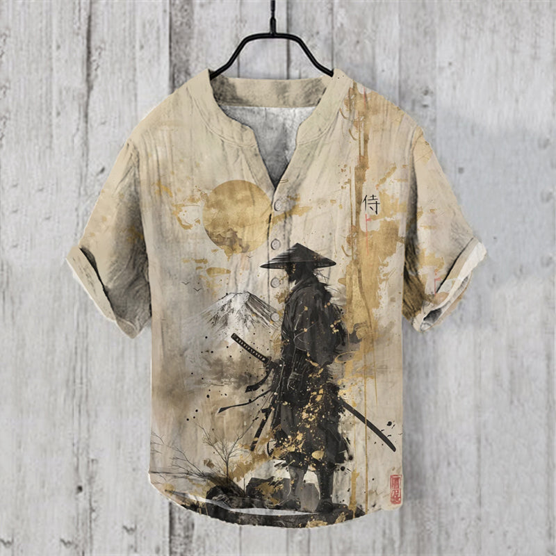 BeigeMen’s Samurai Warrior Print Linen Shirt | Japanese Art Cotton Shirt – Urbantrenz