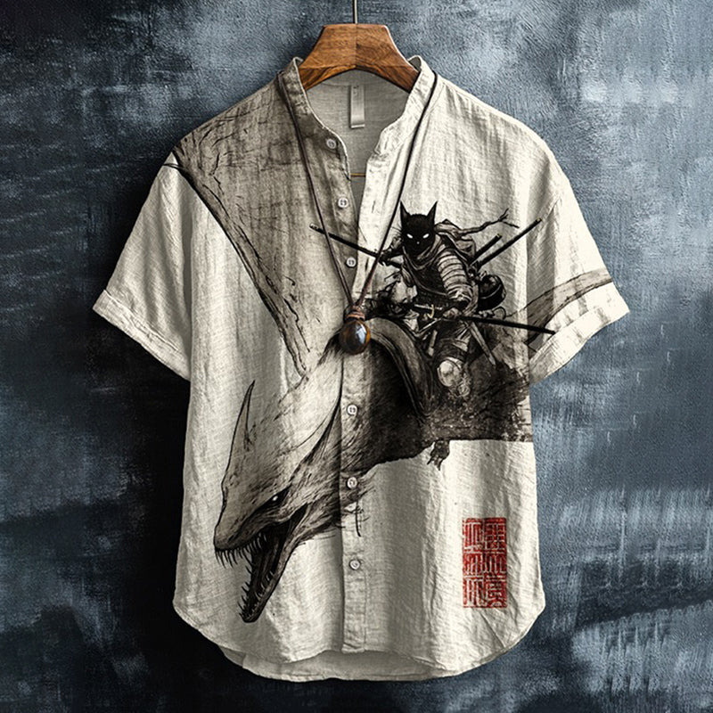 Men’s Japanese Warrior Linen Shirt | Vintage Samurai Art Shirt – Urbantrenz