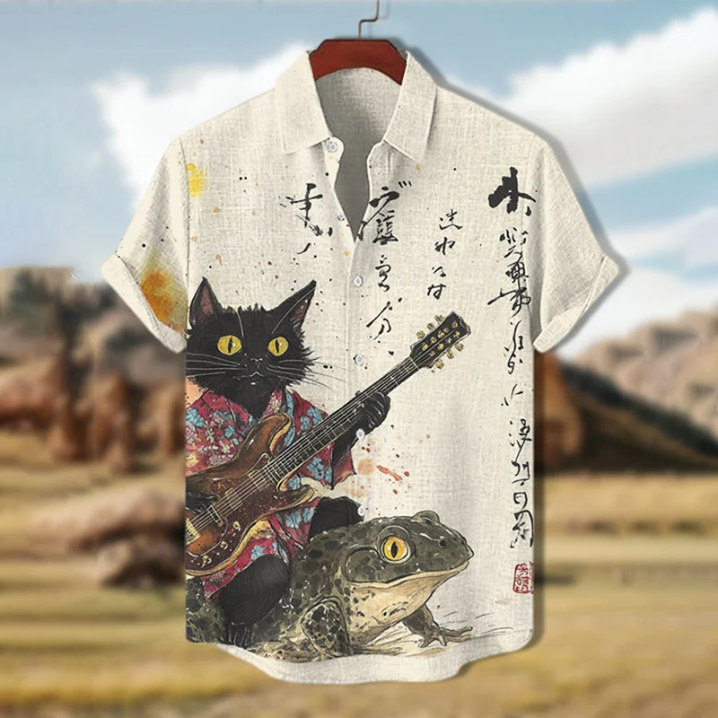 Musician Cat & Frog Linen Shirt | Artistic Japanese Print Shirt by Urbantrenz