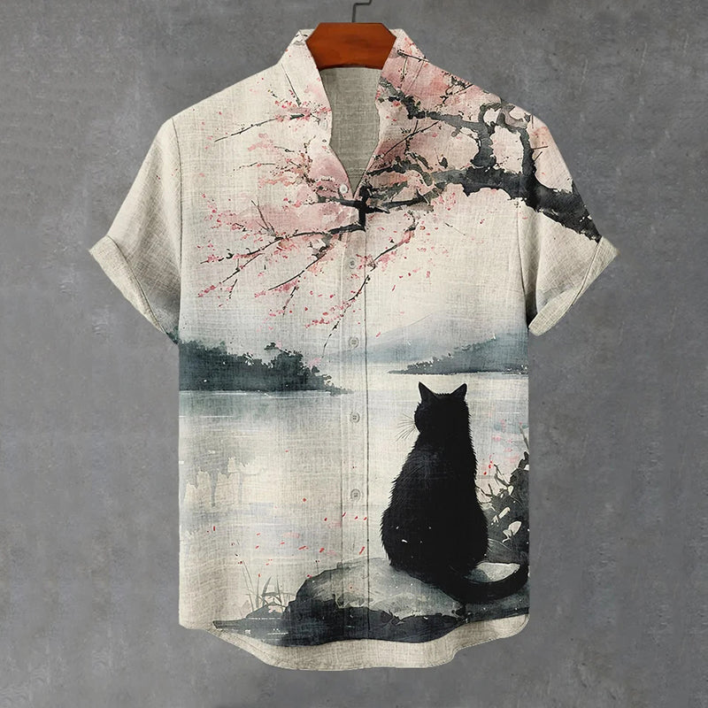 Cherry Blossom Cat Art Shirt | Japanese Ink Style Linen Shirt – Urbantrenz