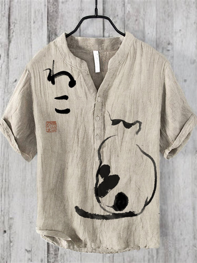 Men’s Japanese Calligraphy Linen Shirt | Zen Brush Art Cotton-Linen Top – Urbantrenz