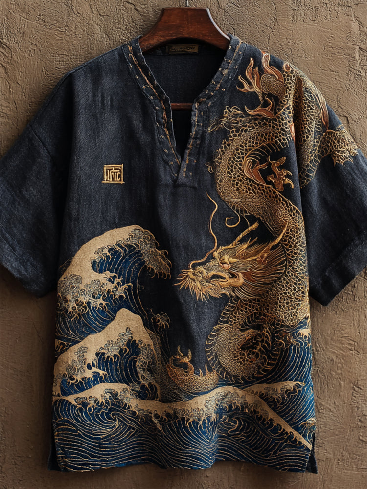 Men’s Black Dragon Embroidered Linen Shirt | Oriental Mythic Wave Design by Urbantrenz