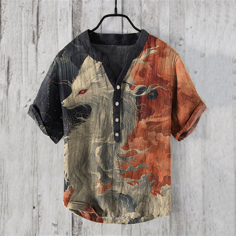 Men’s Wolf Spirit Fire Japanese Art Shirt | Mythic Cotton Vintage Print – Urbantrenz