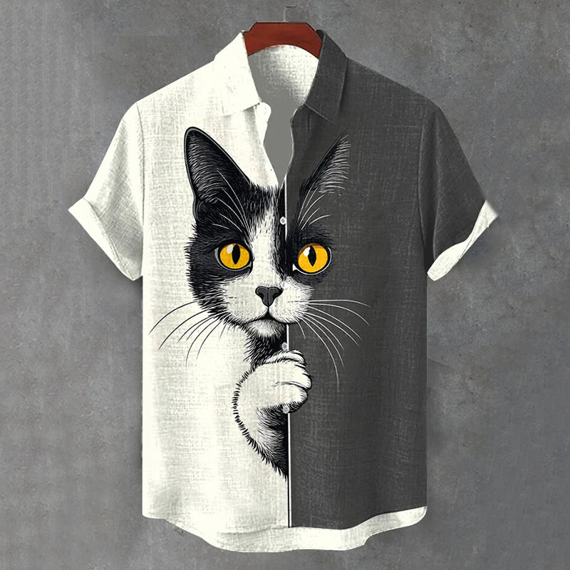 Men’s Black & White Cat Print Linen Shirt | Artistic Half Sleeve Casual Shirt – Urbantrenz