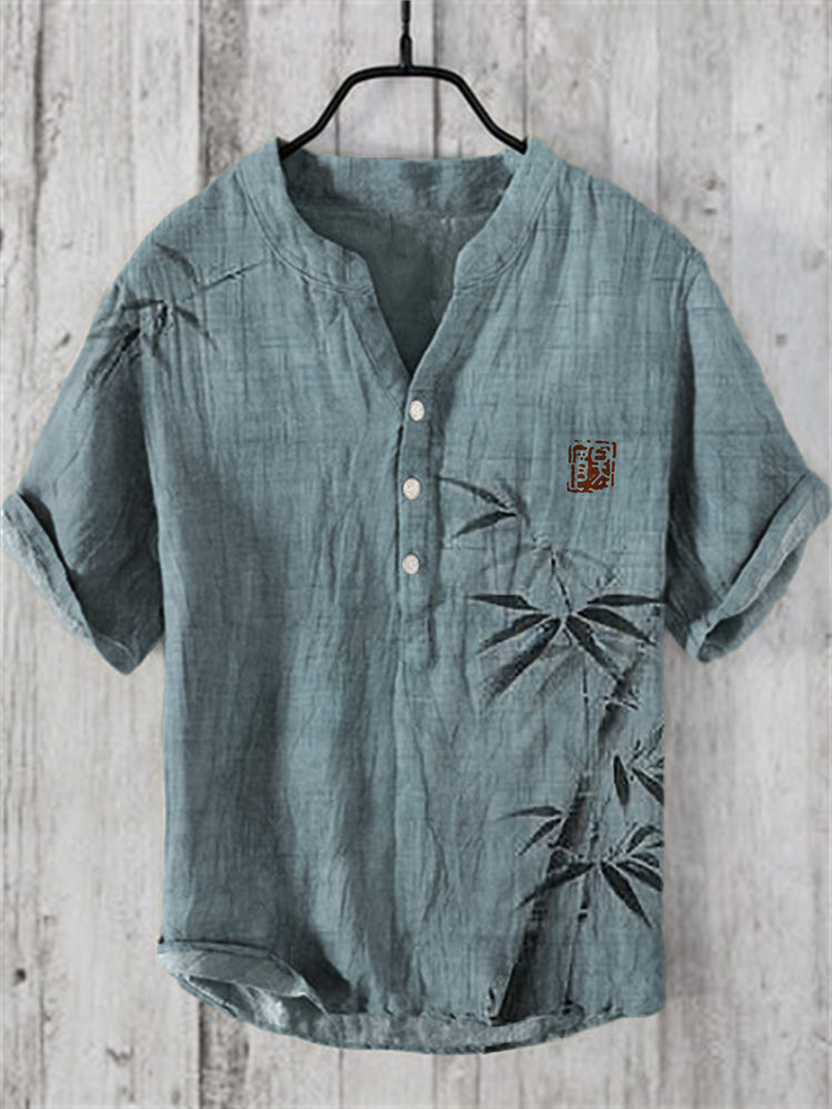 Men’s Green Bamboo Linen Shirt | Japanese Nature Print Summer Shirt by Urbantrenz