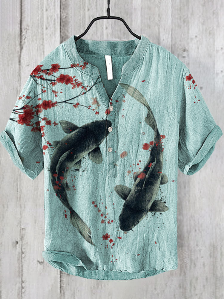 Men’s Koi Fish Linen Shirt | Artistic Japanese Style Summer Top by Urbantrenz