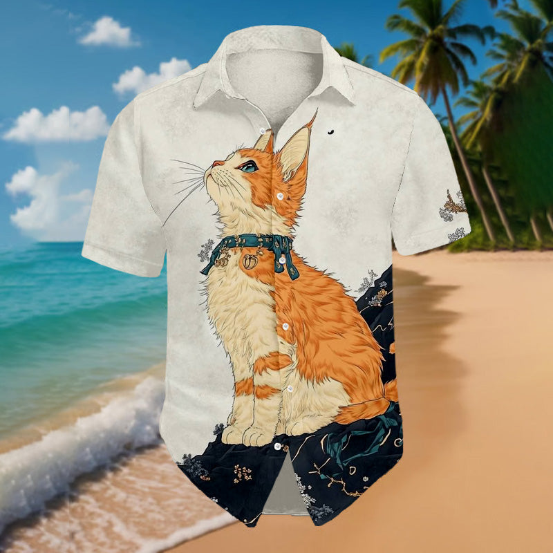 Creamy White Cat Shirt – Elegant Feline Art Print Casual Beach Shirt for Men | Urbantrenz