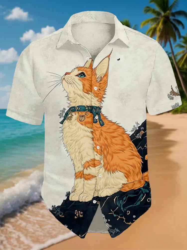 Creamy White Cat Shirt – Elegant Feline Art Print Casual Beach Shirt for Men | Urbantrenz