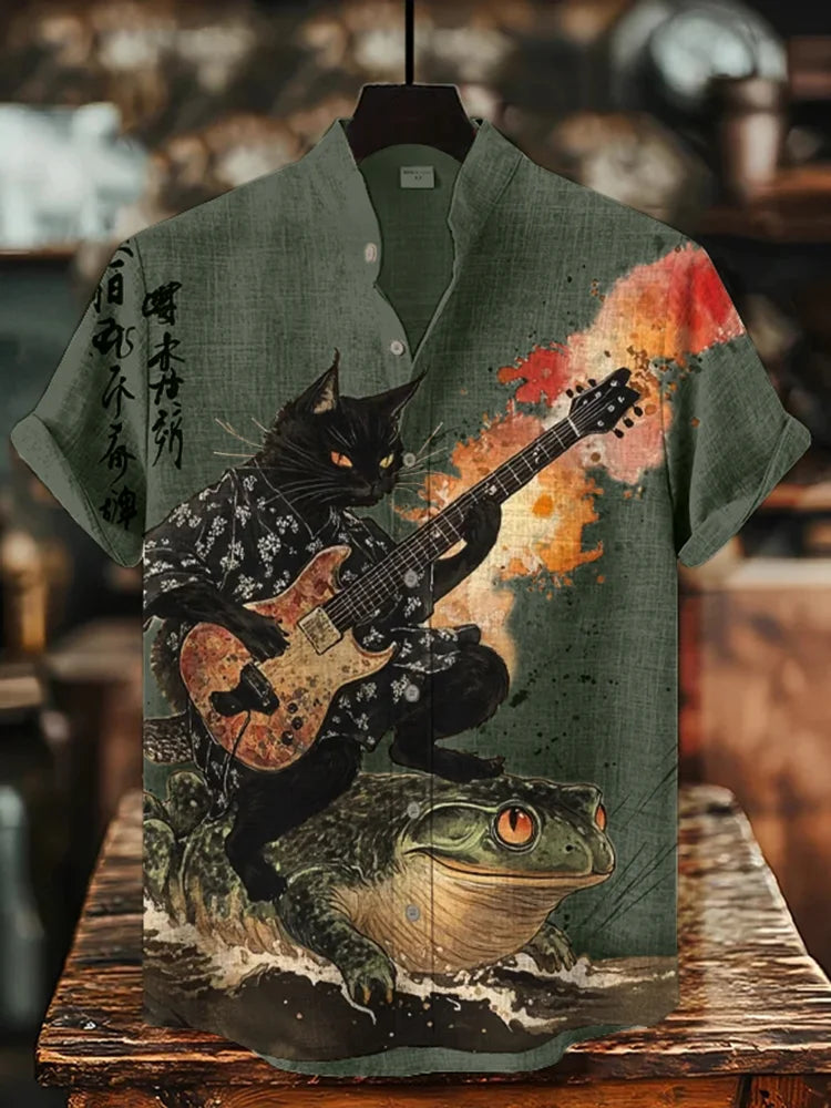 Men’s Samurai Cat Graphic Shirt | Artistic Linen Blend Short Sleeve Shirt by Urbantrenz