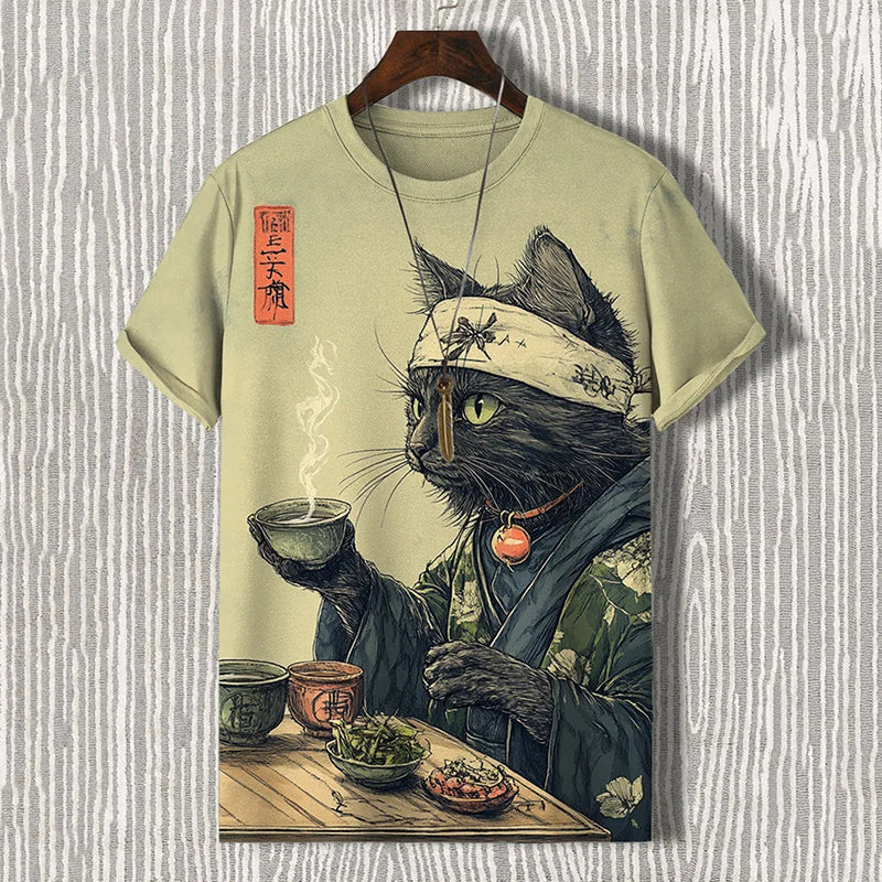 Zen Cat Tea Ceremony T-Shirt | Japanese Art Graphic Tee by Urbantrenz
