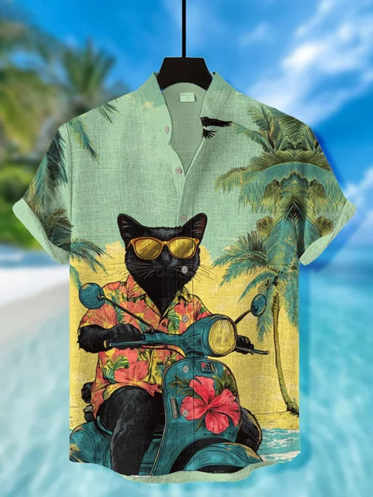 Tropical Cat on Scooter Shirt – Summer Vacation Linen Shirt for Men | Urbantrenz