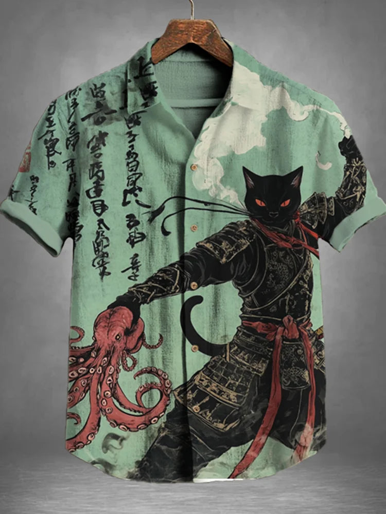 Samurai Cat Warrior Shirt – Vintage Japanese Art Linen Shirt for Men | Urbantrenz