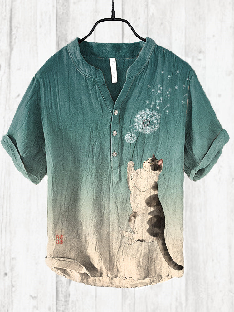 Playful Cat & Dandelion Print Shirt | Vintage Japanese Art Style – Urbantrenz