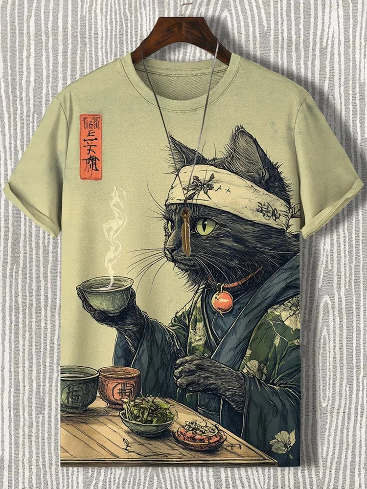 Zen Cat Tea Ceremony T-Shirt | Japanese Art Graphic Tee by Urbantrenz