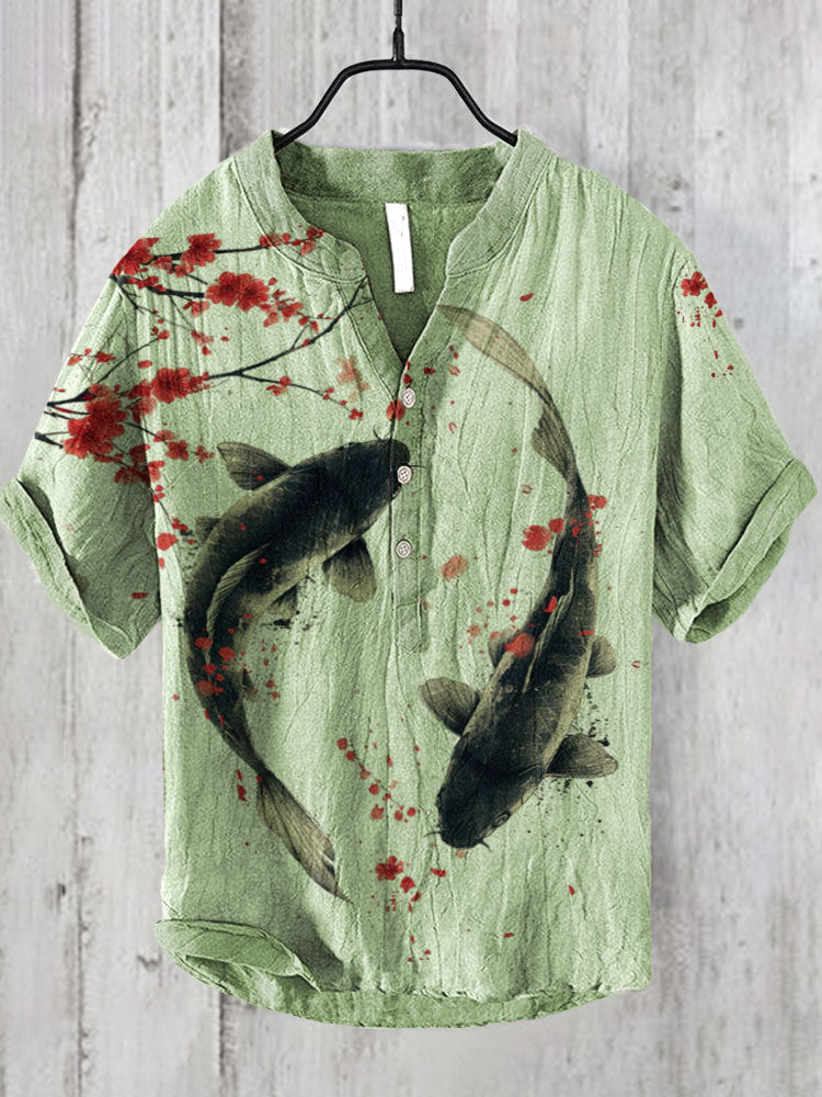 Men’s Koi Fish Linen Shirt | Artistic Japanese Style Summer Top by Urbantrenz