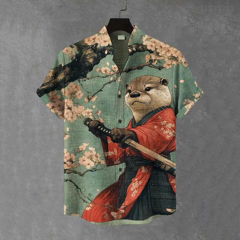 Samurai Otter Kimono Shirt | Japanese Warrior Art Linen Shirt by Urbantrenz