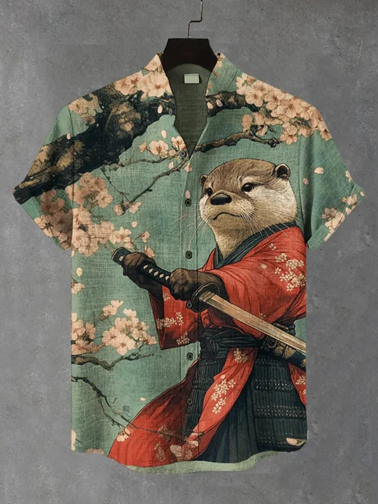 Samurai Otter Kimono Shirt | Japanese Warrior Art Linen Shirt by Urbantrenz